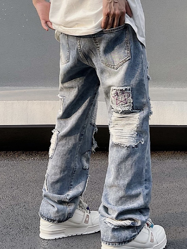 Gewaschene, zerrissene Burr-Jeans für Herren mit geradem Bein-3