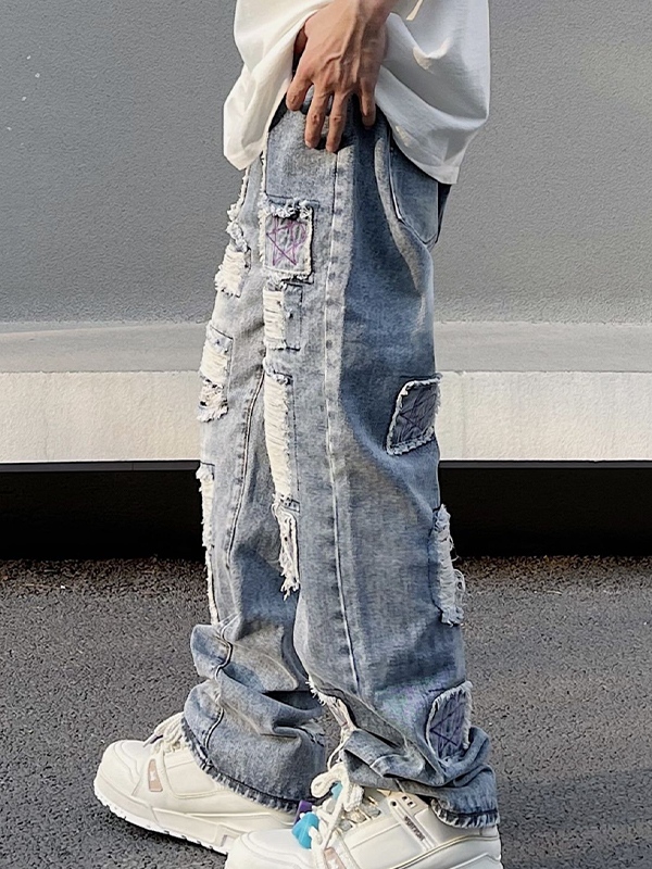 Gewaschene, zerrissene Burr-Jeans für Herren mit geradem Bein-2