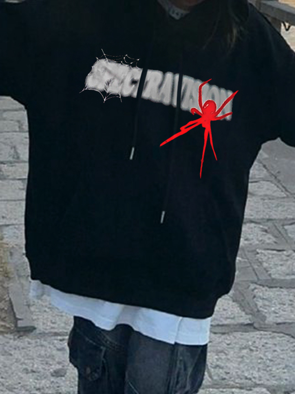 Übergroßer Kapuzenpullover mit Hip-Pop-Spinnennetz-Print für Herren-2