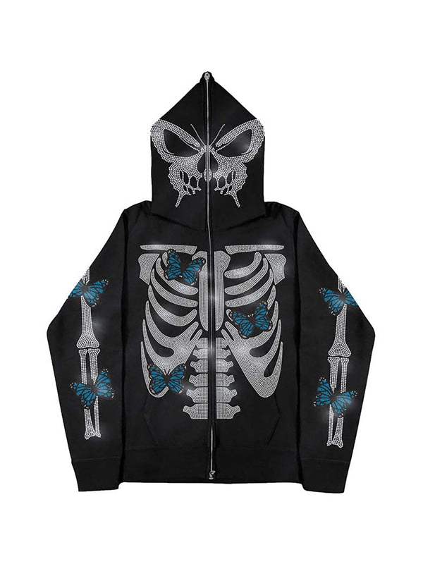 Übergroßer Kapuzenpullover mit Skelett-Schmetterling und Strasssteinen für Herren-4