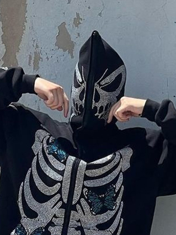 Übergroßer Kapuzenpullover mit Skelett-Schmetterling und Strasssteinen für Herren-1