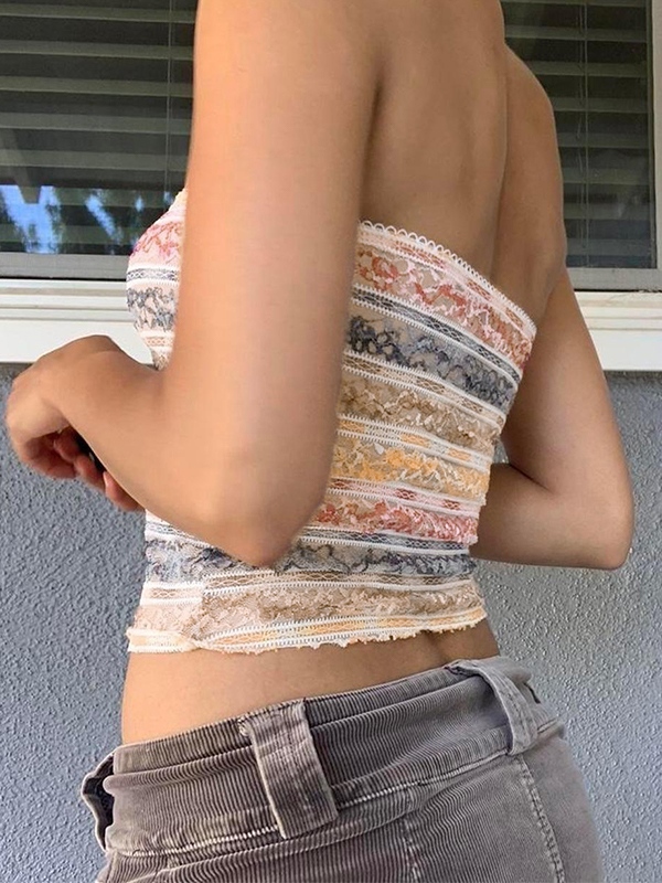 Buntes, kurzes Bandeau-Top aus Spitze-2