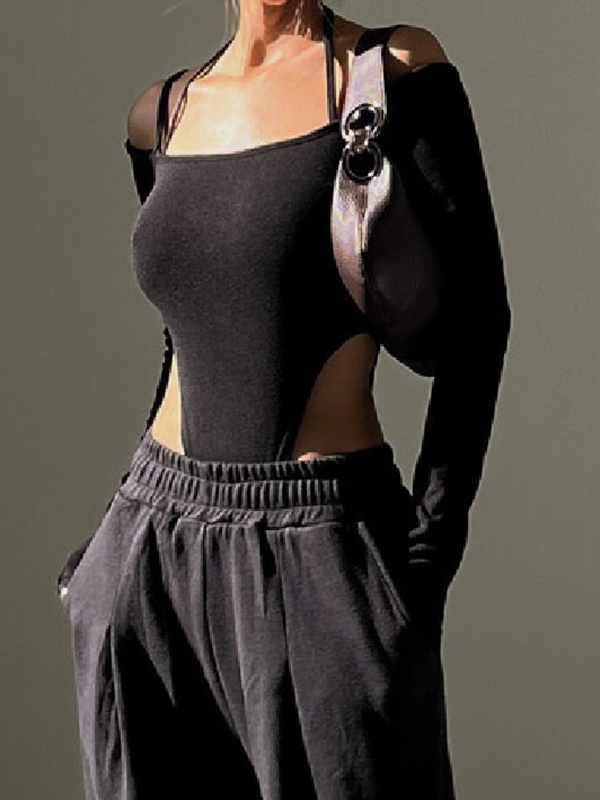 Schwarzer, schulterfreier Neckholder-Body-1